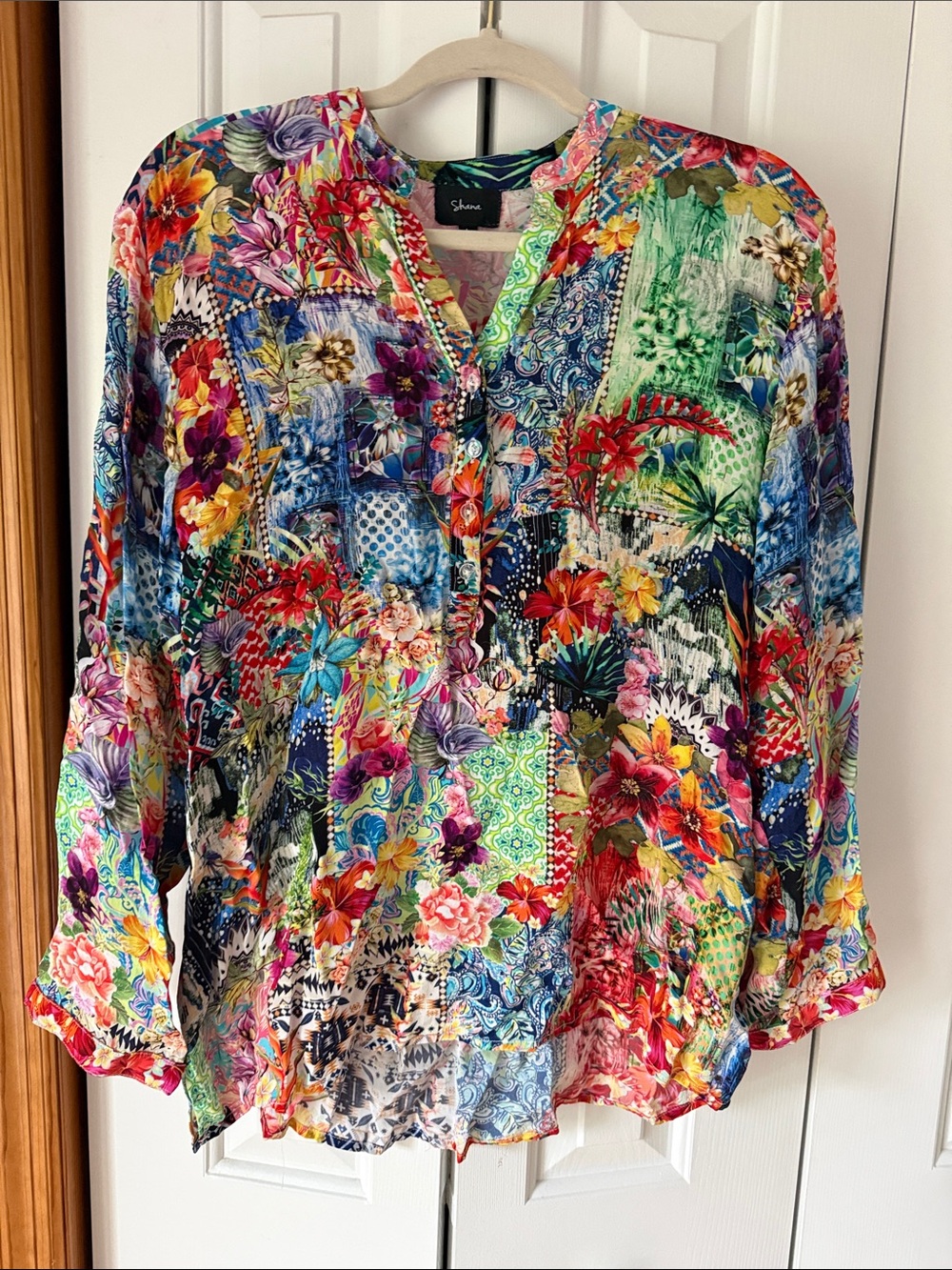 Shana Silk Multicolor Floral Patchwork Tunic Blouse